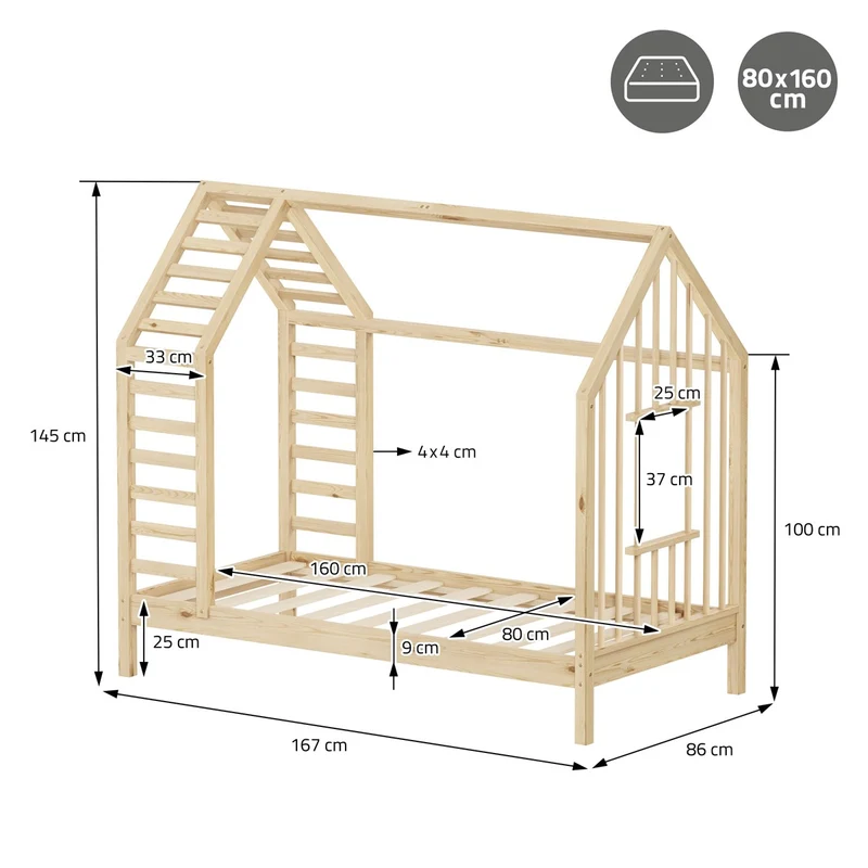 ML-DESIGN | Kinderbett mit Matratze und Lattenrost & Dach aus massivem Kiefernholz 80x160 cm Natur Hausbett Montessori Bettgestell für Mädchen Jungen
