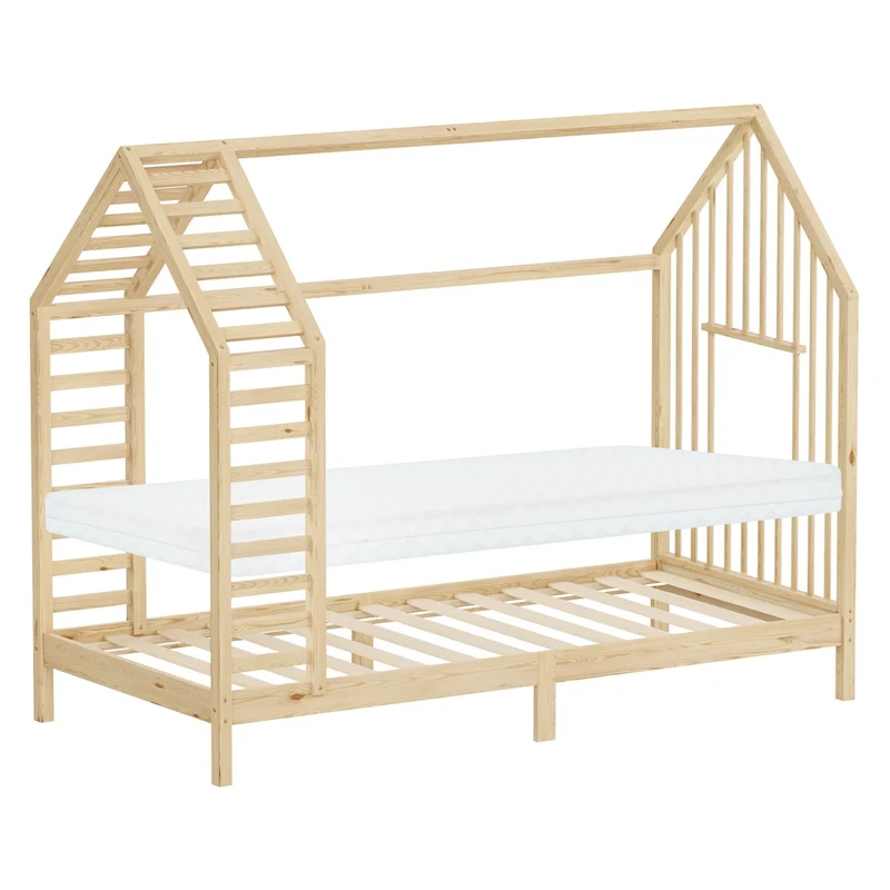 ML-DESIGN | Kinderbett mit Matratze und Lattenrost & Dach aus massivem Kiefernholz 90x200 cm Natur Hausbett Montessori Bettgestell für Mädchen Jungen