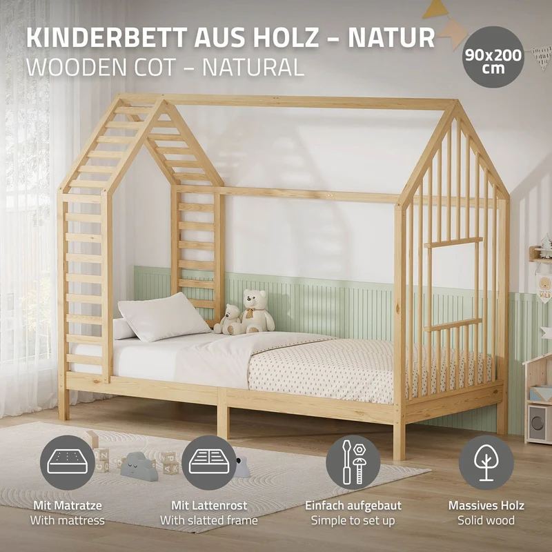ML-DESIGN | Kinderbett mit Matratze und Lattenrost & Dach aus massivem Kiefernholz 90x200 cm Natur Hausbett Montessori Bettgestell für Mädchen Jungen