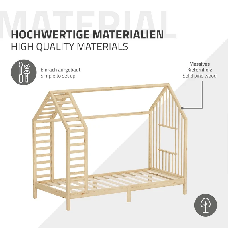 ML-DESIGN | Kinderbett mit Matratze und Lattenrost & Dach aus massivem Kiefernholz 90x200 cm Natur Hausbett Montessori Bettgestell für Mädchen Jungen