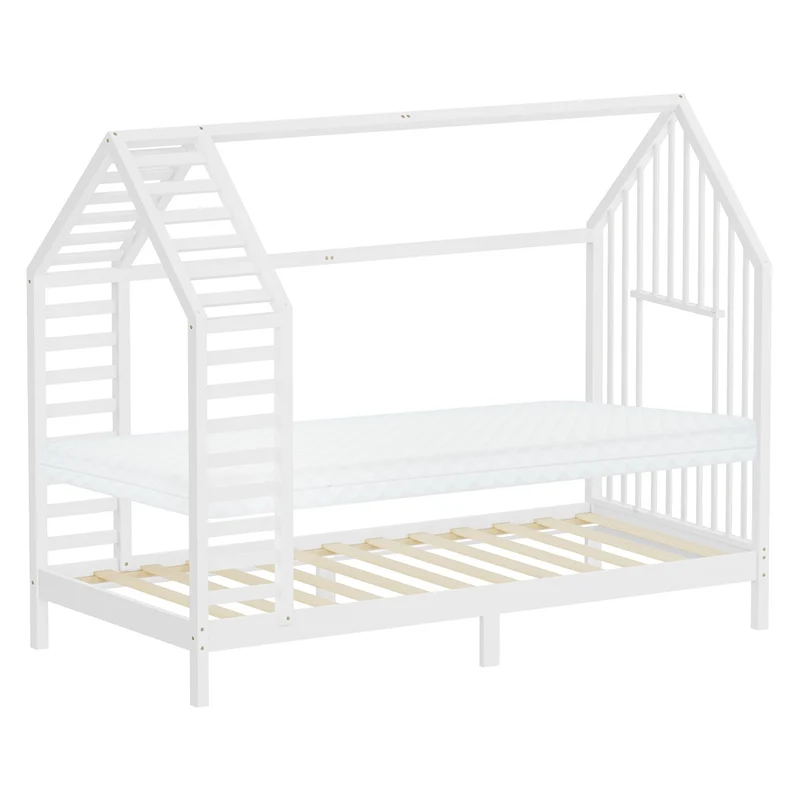 ML-DESIGN | Kinderbett mit Matratze und Lattenrost & Dach aus massivem Kiefernholz 90x200 cm Weiß Hausbett Montessori Bettgestell für Mädchen Jungen
