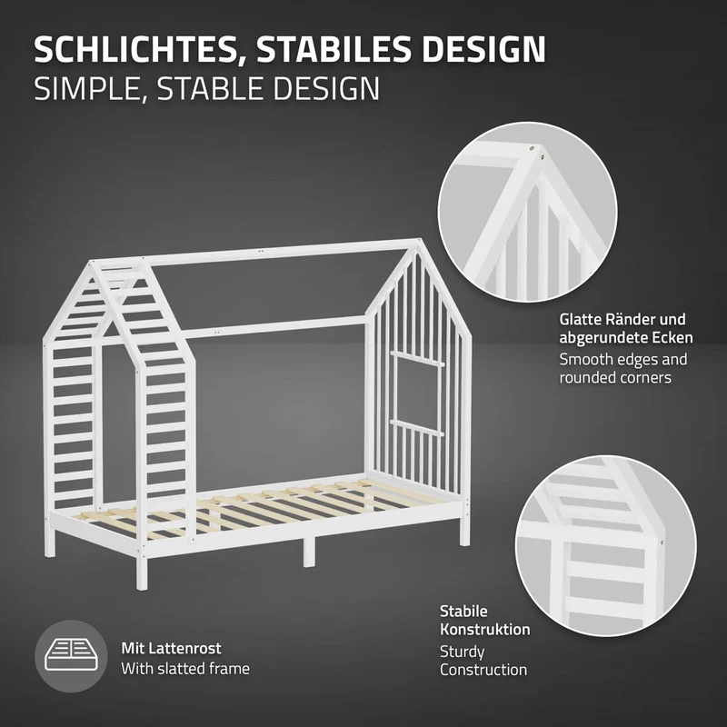 ML-DESIGN | Kinderbett mit Matratze und Lattenrost & Dach aus massivem Kiefernholz 90x200 cm Weiß Hausbett Montessori Bettgestell für Mädchen Jungen