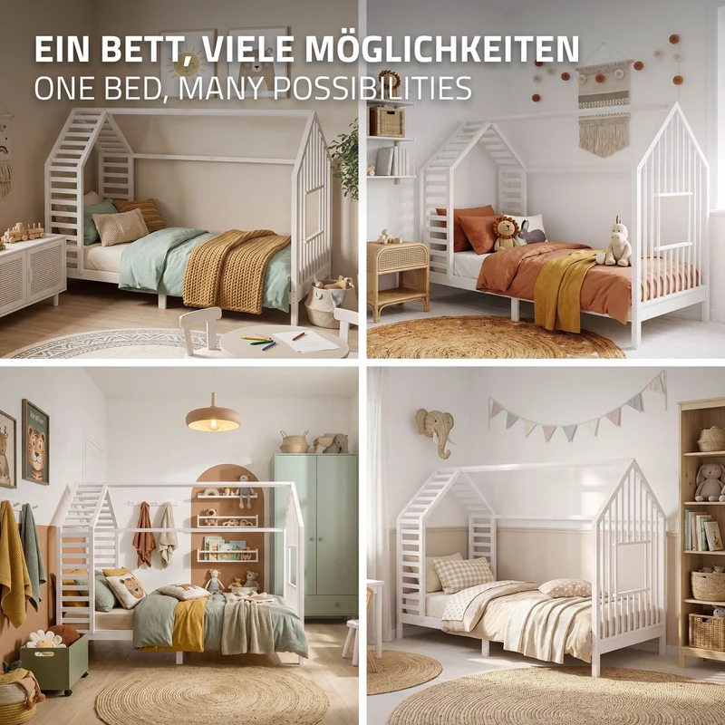 ML-DESIGN | Kinderbett mit Matratze und Lattenrost & Dach aus massivem Kiefernholz 90x200 cm Weiß Hausbett Montessori Bettgestell für Mädchen Jungen