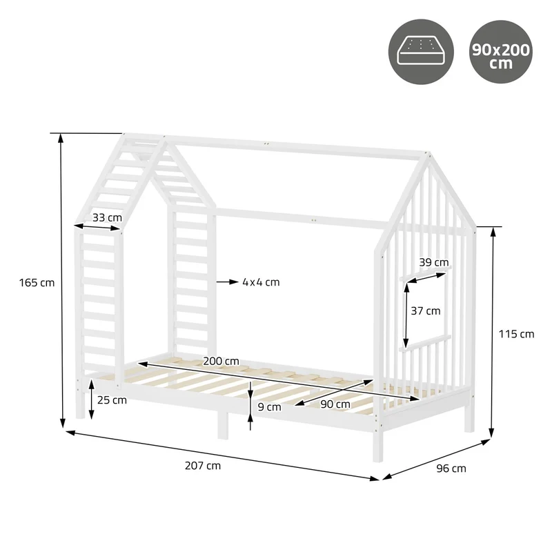 ML-DESIGN | Kinderbett mit Matratze und Lattenrost & Dach aus massivem Kiefernholz 90x200 cm Weiß Hausbett Montessori Bettgestell für Mädchen Jungen