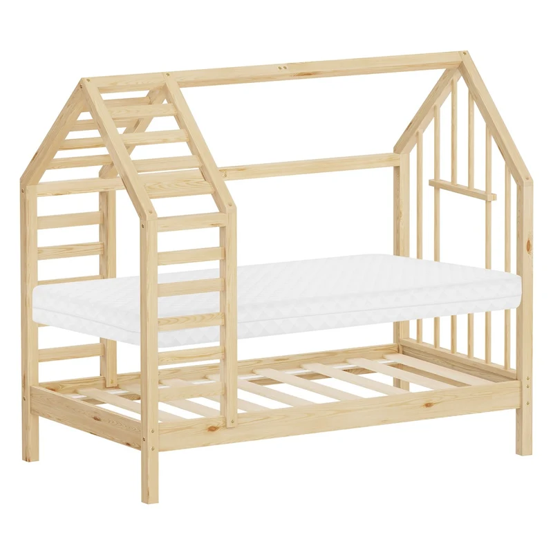 ML-DESIGN | Kinderbett mit Matratze und Lattenrost & Dach aus massivem Kiefernholz 70x140 cm Natur Hausbett Montessori Bettgestell für Mädchen Jungen
