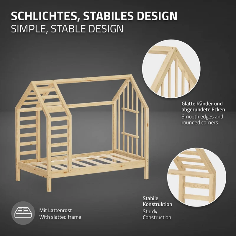 ML-DESIGN | Kinderbett mit Matratze und Lattenrost & Dach aus massivem Kiefernholz 70x140 cm Natur Hausbett Montessori Bettgestell für Mädchen Jungen