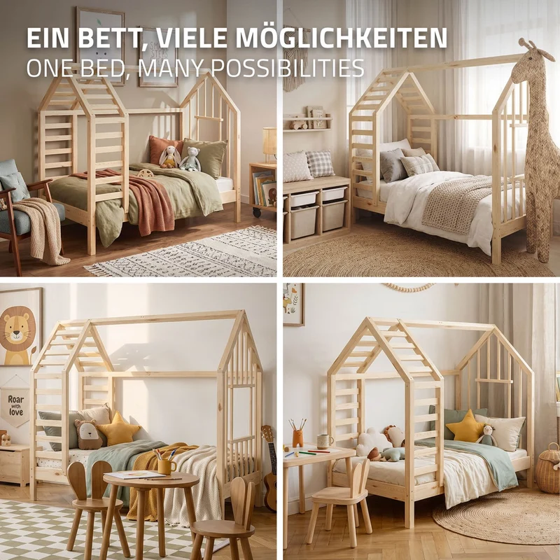 ML-DESIGN | Kinderbett mit Matratze und Lattenrost & Dach aus massivem Kiefernholz 70x140 cm Natur Hausbett Montessori Bettgestell für Mädchen Jungen