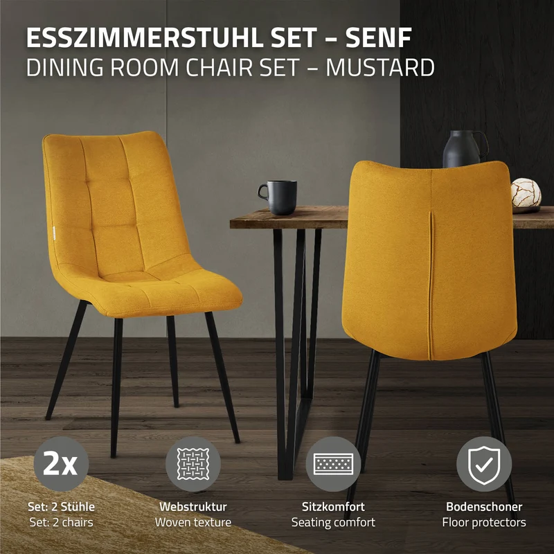 Esszimmerstühle 2er Set Senfgelb Küchenstuhl mit Polyesterbezug und Stahlbeinen ML-Design
