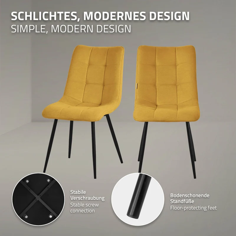 Esszimmerstühle 2er Set Senfgelb Küchenstuhl mit Polyesterbezug und Stahlbeinen ML-Design
