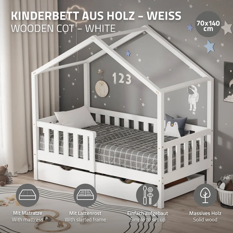 Kinderbett Hausbett 70x140 cm Weiß aus Kiefernholz mit Matratze H:10cm, 2 Schubkasten, Rausfallschutz & Lattenrost ML-Design