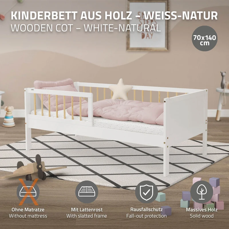 Kinderbett 70x140 cm mit Lattenrost und Rausfallschutz Weiß/Natur Kiefernholz ML-Design