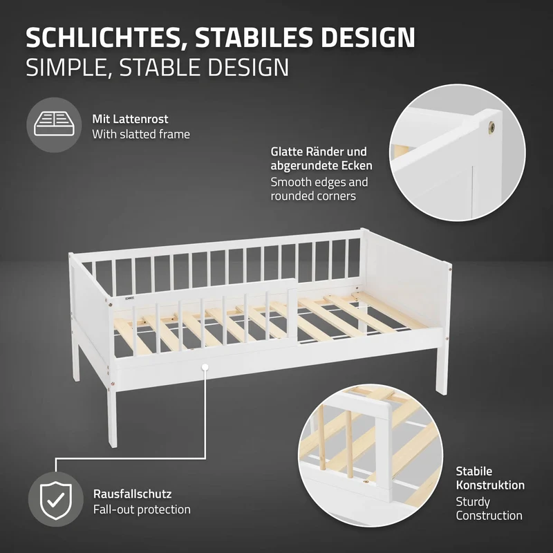 Kinderbett 70x140 cm mit Lattenrost und Rausfallschutz Weiß/Natur Kiefernholz ML-Design