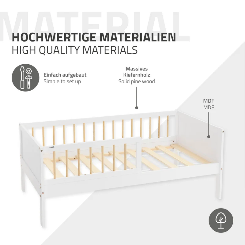 Kinderbett 70x140 cm mit Lattenrost und Rausfallschutz Weiß/Natur Kiefernholz ML-Design
