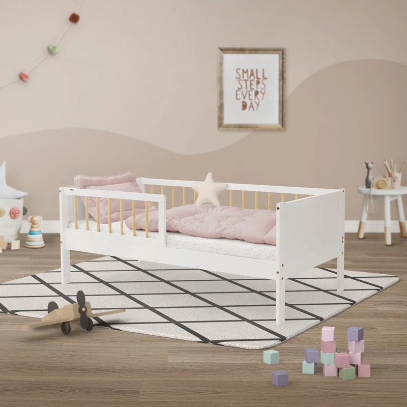 Kinderbett 70x140 cm mit Lattenrost und Rausfallschutz Weiß/Natur Kiefernholz ML-Design