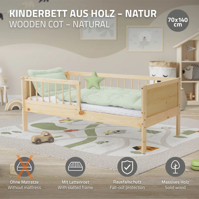 Kinderbett 70x140 cm mit Lattenrost und Rausfallschutz Natur Kiefernholz ML-Design
