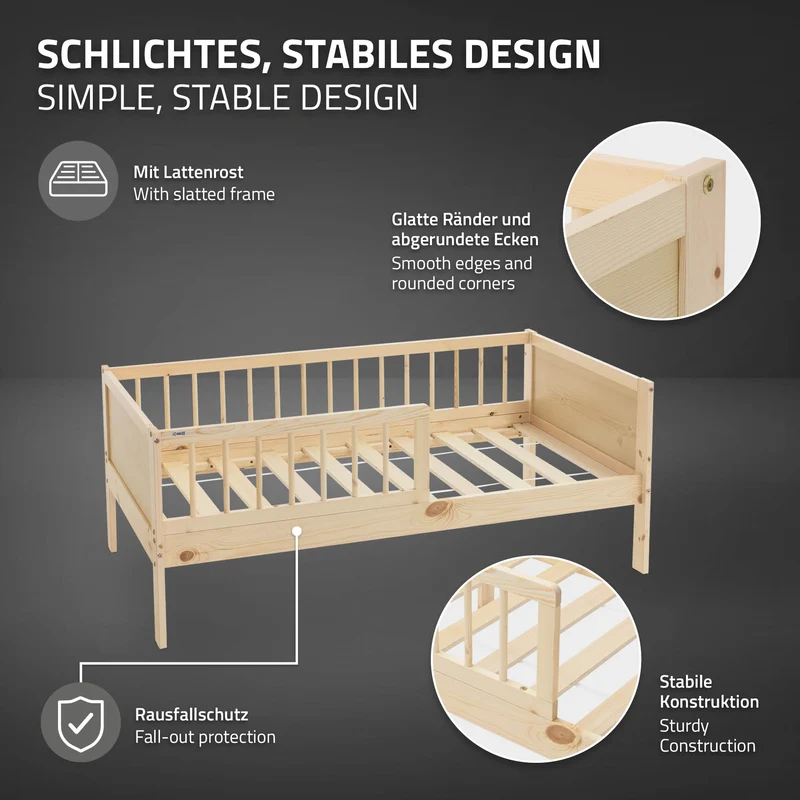 Kinderbett 70x140 cm mit Lattenrost und Rausfallschutz Natur Kiefernholz ML-Design