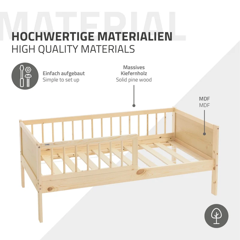 Kinderbett 70x140 cm mit Lattenrost und Rausfallschutz Natur Kiefernholz ML-Design