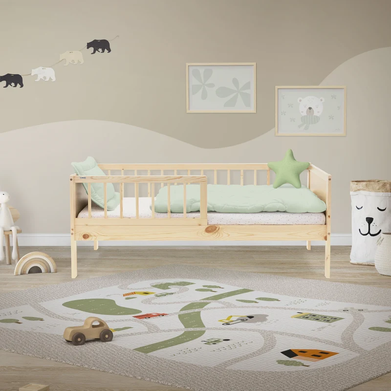 Kinderbett 70x140 cm mit Lattenrost und Rausfallschutz Natur Kiefernholz ML-Design