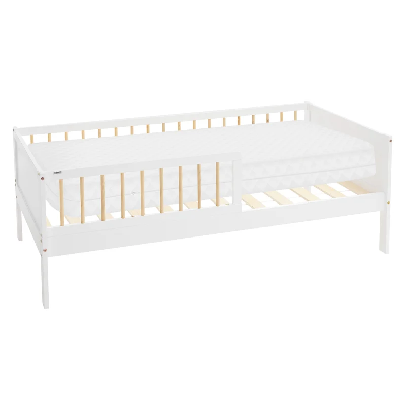 Kinderbett 80x160 cm mit Matratze, Lattenrost und Rausfallschutz in Weiß/Natur ML-Design