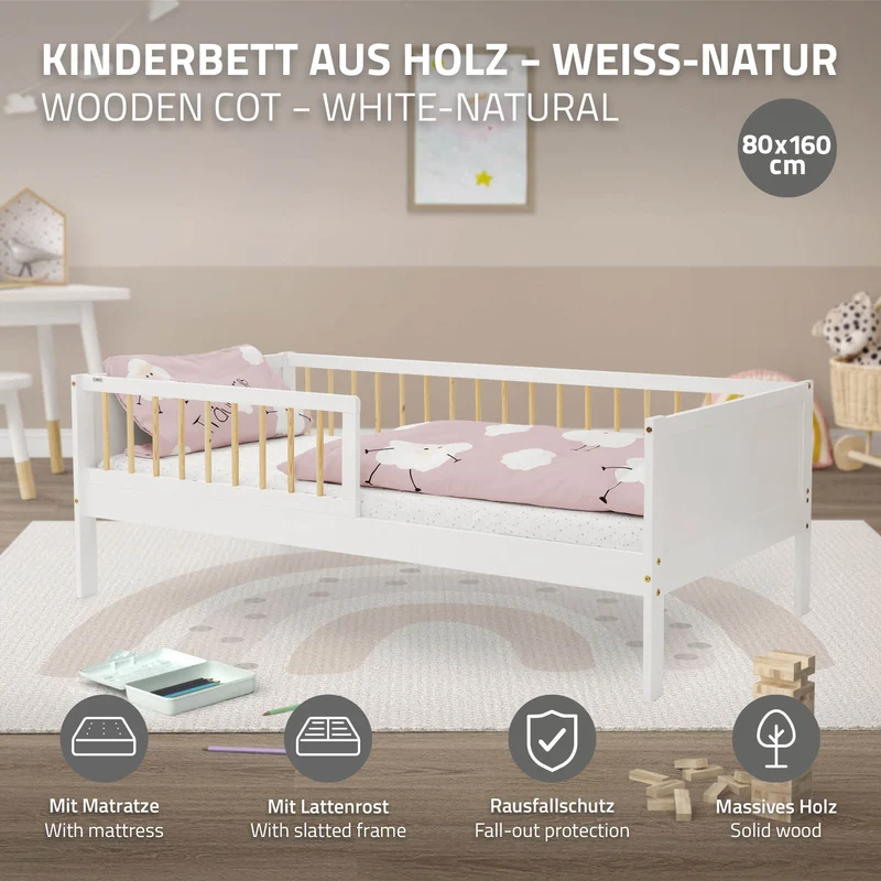 Kinderbett 80x160 cm mit Matratze, Lattenrost und Rausfallschutz in Weiß/Natur ML-Design
