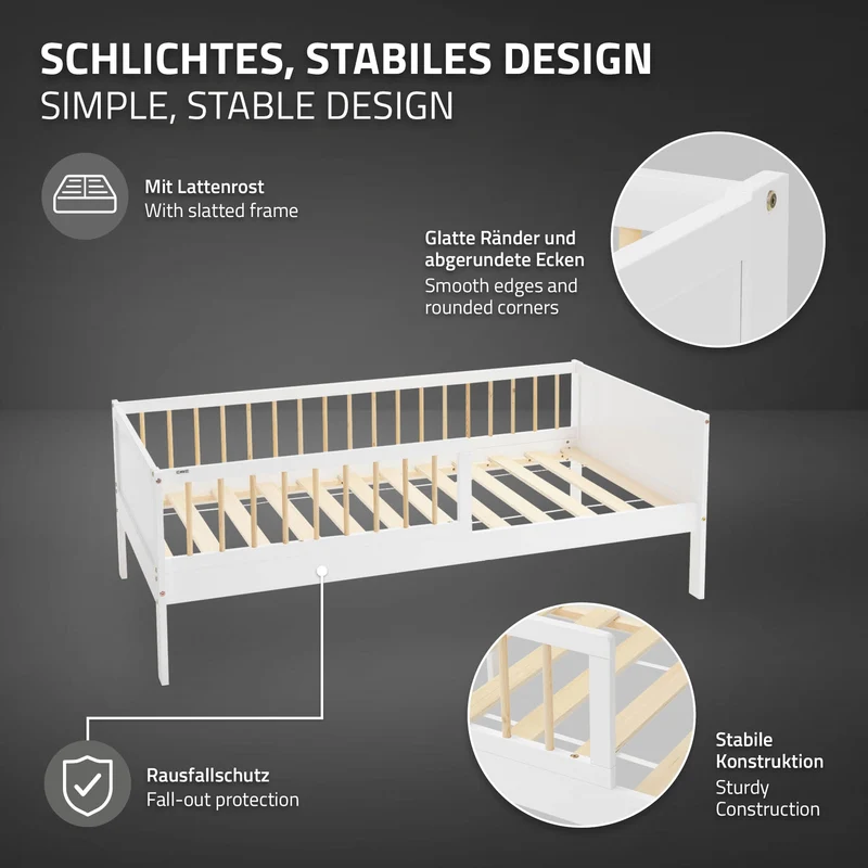 Kinderbett 80x160 cm mit Matratze, Lattenrost und Rausfallschutz in Weiß/Natur ML-Design
