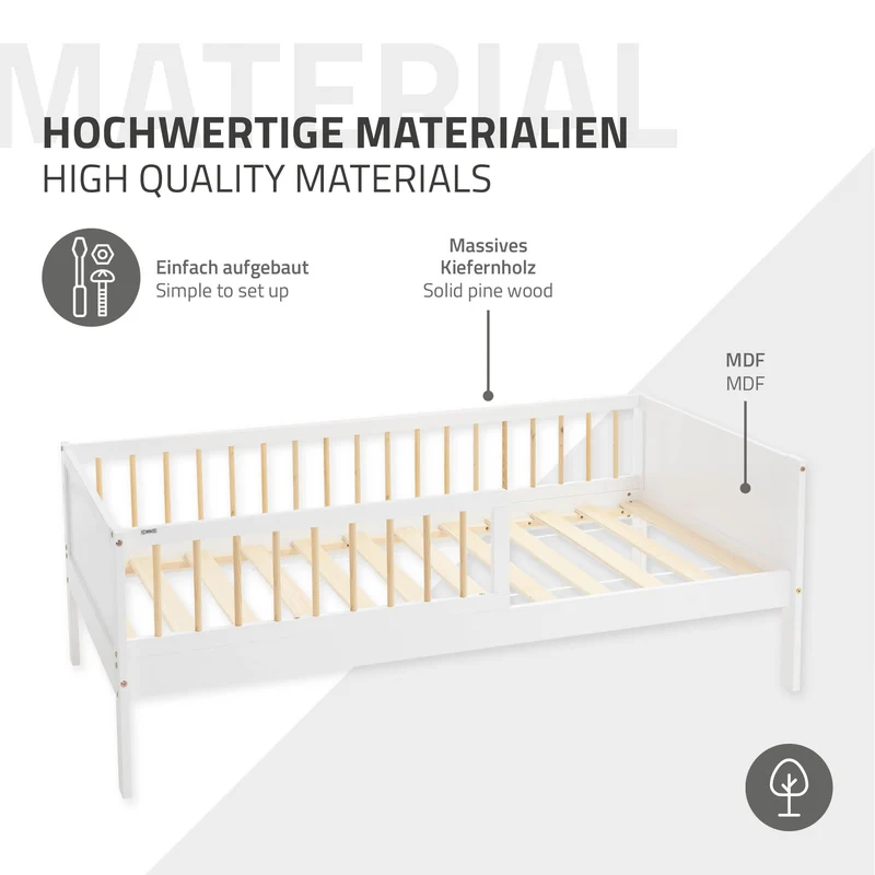 Kinderbett 80x160 cm mit Lattenrost und Rausfallschutz Weiß/Natur Kiefernholz ML-Design