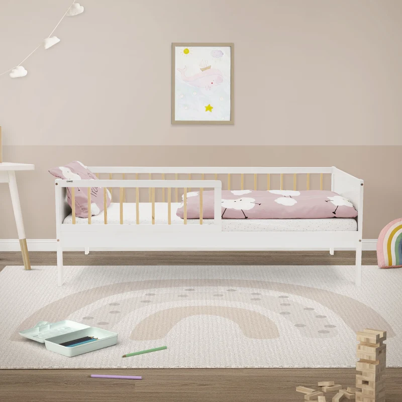 Kinderbett 80x160 cm mit Lattenrost und Rausfallschutz Weiß/Natur Kiefernholz ML-Design