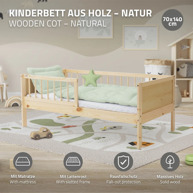 Kinderbett 70x140 cm mit Matratze, Lattenrost und Rausfallschutz in Natur ML-Design
