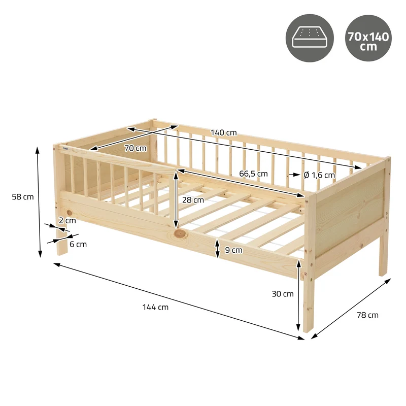 Kinderbett 70x140 cm mit Matratze, Lattenrost und Rausfallschutz in Natur ML-Design