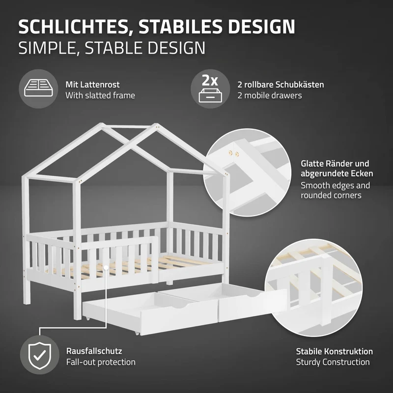 Kinderbett Hausbett mit 2 Schubkasten 70x140 cm Weiß aus Kiefernholz mit Rausfallschutz und Lattenrost ML-Design