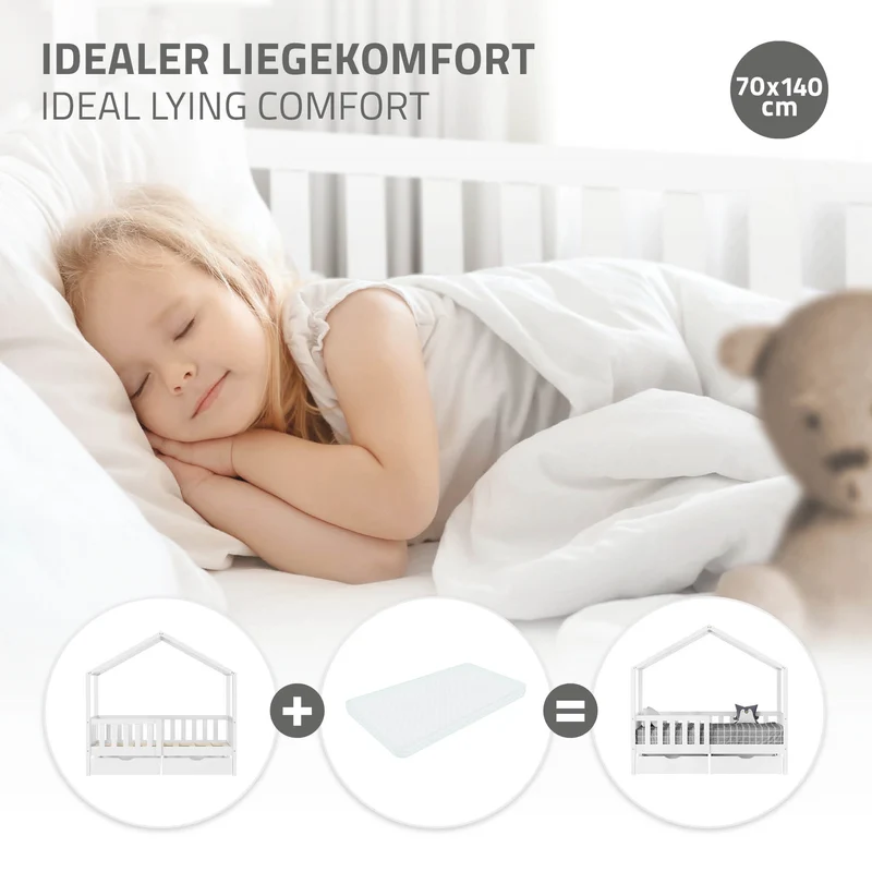 Kinderbett Hausbett mit 2 Schubkasten 70x140 cm Weiß aus Kiefernholz mit Rausfallschutz und Lattenrost ML-Design