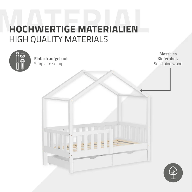 Kinderbett Hausbett mit 2 Schubkasten 70x140 cm Weiß aus Kiefernholz mit Rausfallschutz und Lattenrost ML-Design