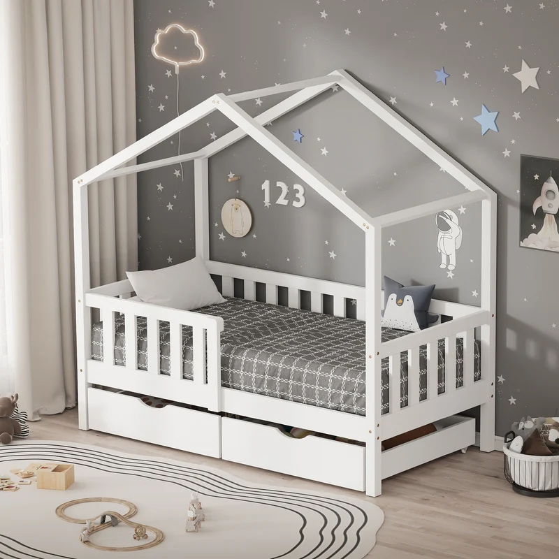 Kinderbett Hausbett mit 2 Schubkasten 70x140 cm Weiß aus Kiefernholz mit Rausfallschutz und Lattenrost ML-Design