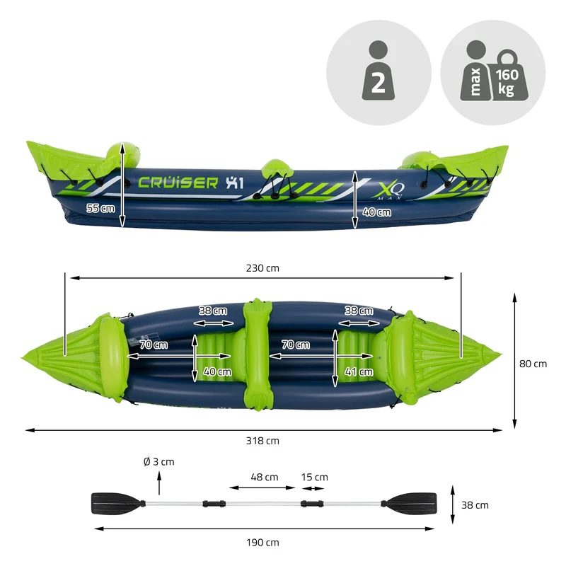 Kajak Cruiser X1 mit Alu-Doppelpaddel 318x80x55 cm Grün/Weiß/Blau aus Kunststoff