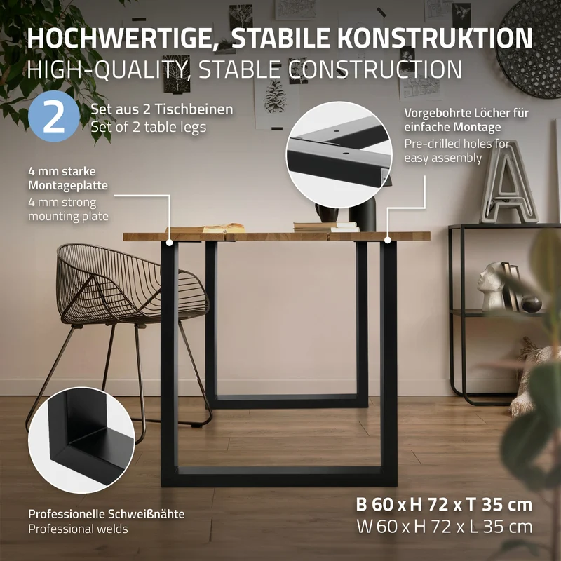 B-Ware Tischbeine Tischgestell 2er Set U-Design 70x74 cm Schwarz aus Stahl ML-Design