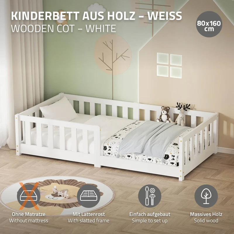 Kinderbett 80x160 cm mit Lattenrost und Rausfallschutz Weiß Kiefernholz ML-Design