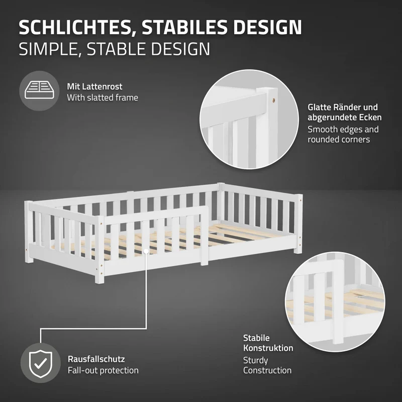 Kinderbett 80x160 cm mit Lattenrost und Rausfallschutz Weiß Kiefernholz ML-Design