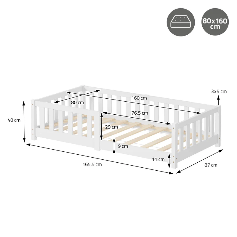 Kinderbett 80x160 cm mit Lattenrost und Rausfallschutz Weiß Kiefernholz ML-Design