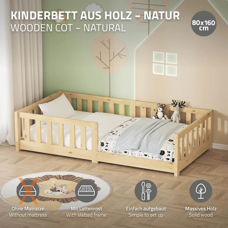 Kinderbett 80x160 cm mit Lattenrost und Rausfallschutz Natur Kiefernholz ML-Design