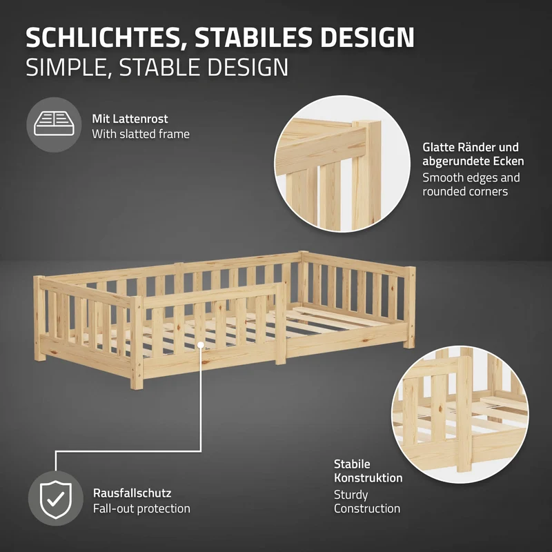 Kinderbett 80x160 cm mit Lattenrost und Rausfallschutz Natur Kiefernholz ML-Design