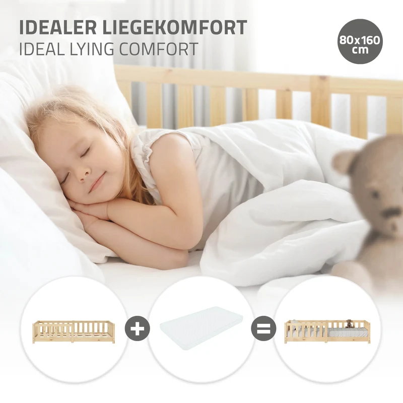 Kinderbett 80x160 cm mit Lattenrost und Rausfallschutz Natur Kiefernholz ML-Design