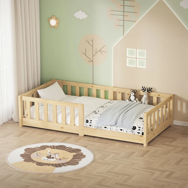 Kinderbett 80x160 cm mit Lattenrost und Rausfallschutz Natur Kiefernholz ML-Design
