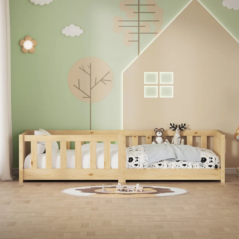 Kinderbett 80x160 cm mit Lattenrost und Rausfallschutz Natur Kiefernholz ML-Design
