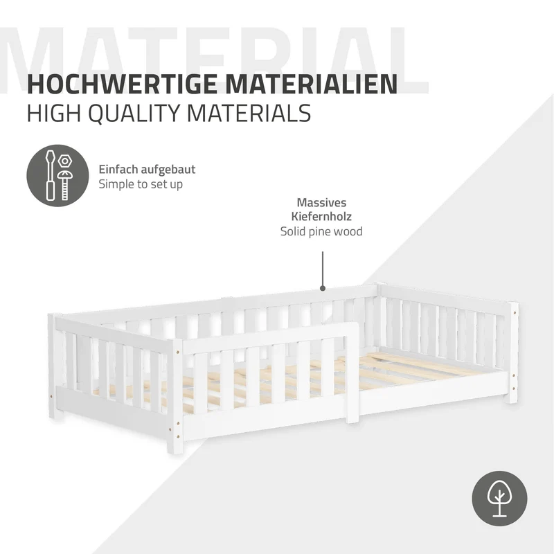 Kinderbett 80x160 cm mit Lattenrost Rausfallschutz und Matratze H-10 cm Weiß Kiefernholz ML-Design