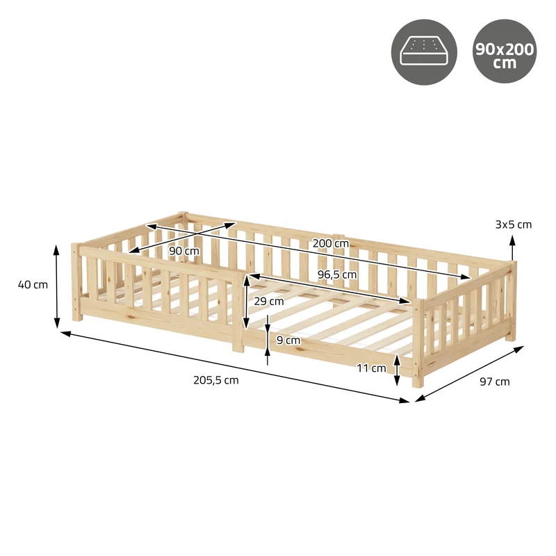 Kinderbett 90x200 cm mit Lattenrost und Rausfallschutz Natur Kiefernholz ML-Design
