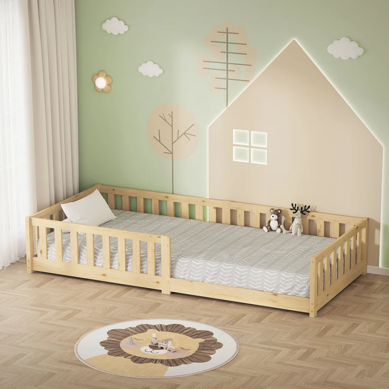 Kinderbett 90x200 cm mit Lattenrost und Rausfallschutz Natur Kiefernholz ML-Design