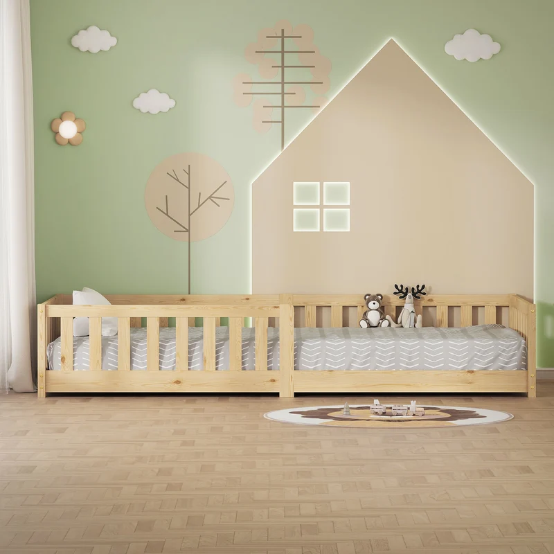 Kinderbett 90x200 cm mit Lattenrost und Rausfallschutz Natur Kiefernholz ML-Design