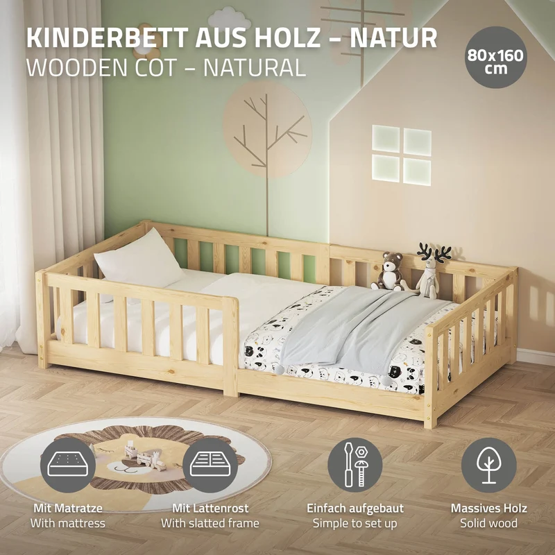 Kinderbett 80x160 cm mit Lattenrost Rausfallschutz und Matratze H-10 cm Natur Kiefernholz ML-Design