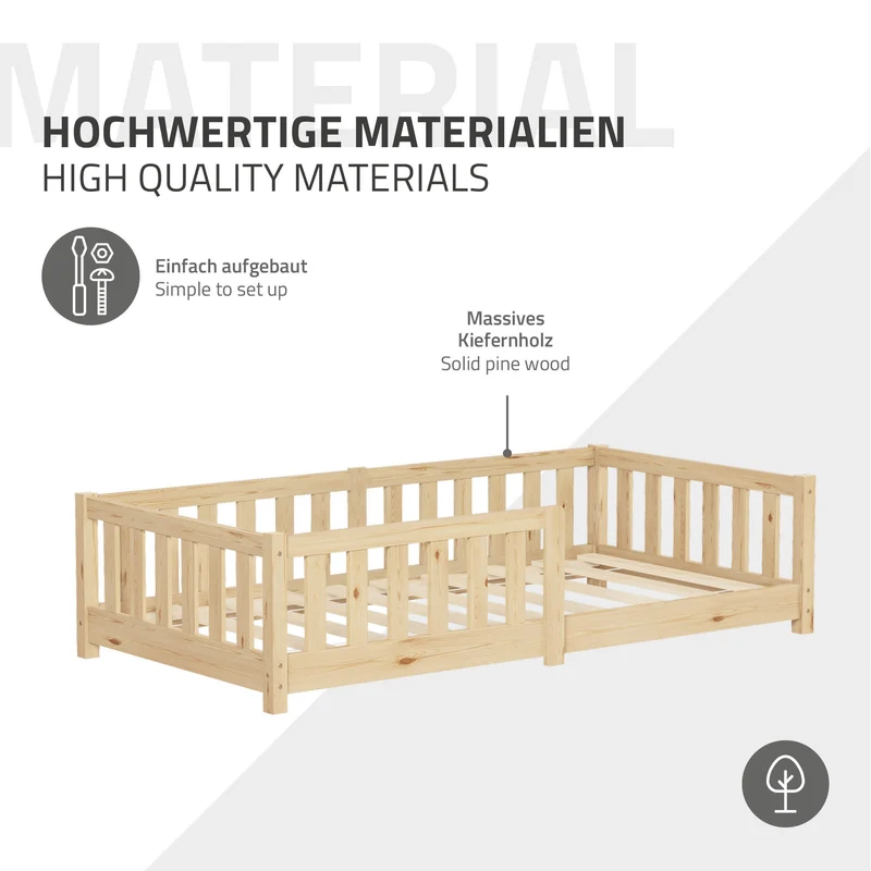 Kinderbett 80x160 cm mit Lattenrost Rausfallschutz und Matratze H-10 cm Natur Kiefernholz ML-Design