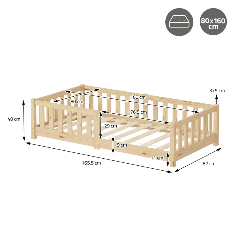 Kinderbett 80x160 cm mit Lattenrost Rausfallschutz und Matratze H-10 cm Natur Kiefernholz ML-Design